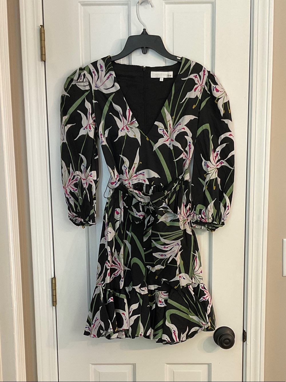 Borgo De Nor Black Floral Wrap Mini Dress with Pink & Green Accents